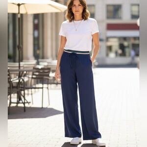 Maeve Anthropologie Navy Wide Leg Track Pants Striped Waistband ST